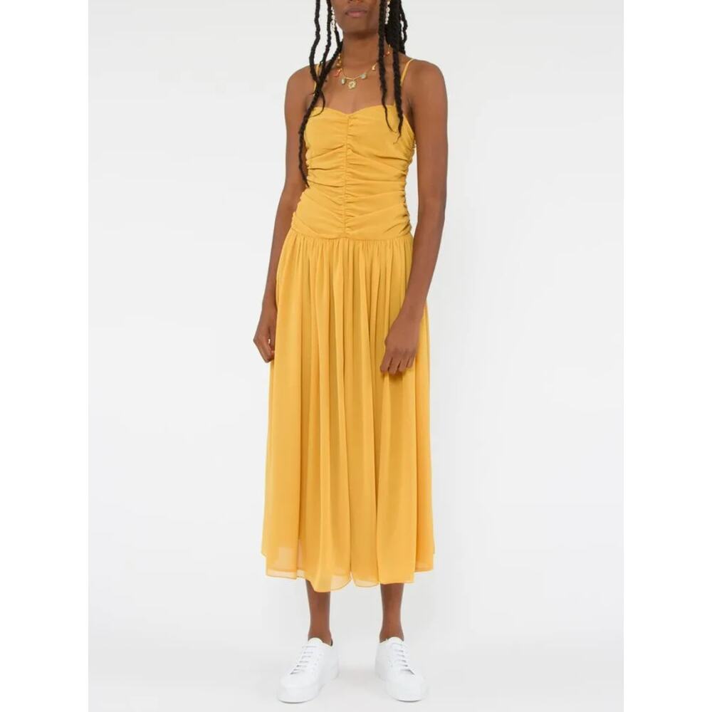 CREATURES OF COMFORT Dress Ruched Strappy Yellow Marigold Chiffon
